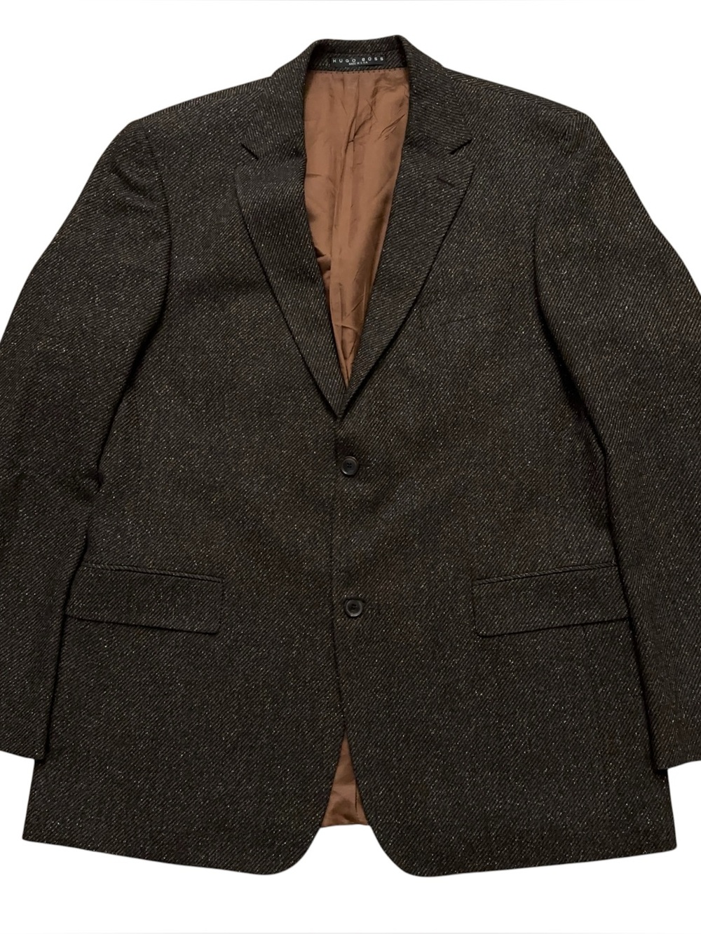 Hugo Boss Blazer Jacket 44L Wool Silk Tweed Stretch Made in USA Brown Striped